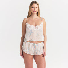 SKIMS ROMANCE CAMI AND SHORT SET | IVORY PEARL BOWS PRINT