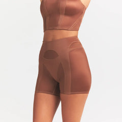 NikeSKIMS SATIN SHINE PANELED 5” BIKER SHORT | CAROB BROWN