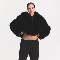 FAUX FUR HOODED ZIP UP JACKET | ONYX