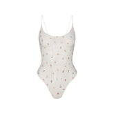 STRETCH LACE THONG BODYSUIT | IVORY CHERRY PRINT