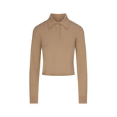 SWEATER KNIT LONG SLEEVE CROPPED POLO | TOFFEE