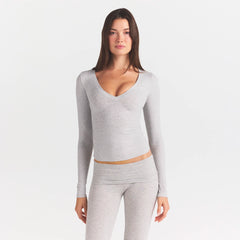 COTTON JERSEY V NECK LONG SLEEVE TOP | LIGHT HEATHER GREY