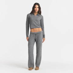 SWEATER KNIT LONG SLEEVE CROPPED POLO | DARK HEATHER GREY