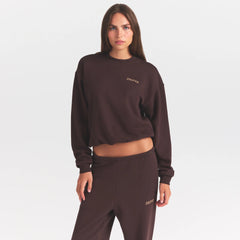 COTTON FLEECE CREWNECK WITH EMBOSSED LOGO | ESPRESSO