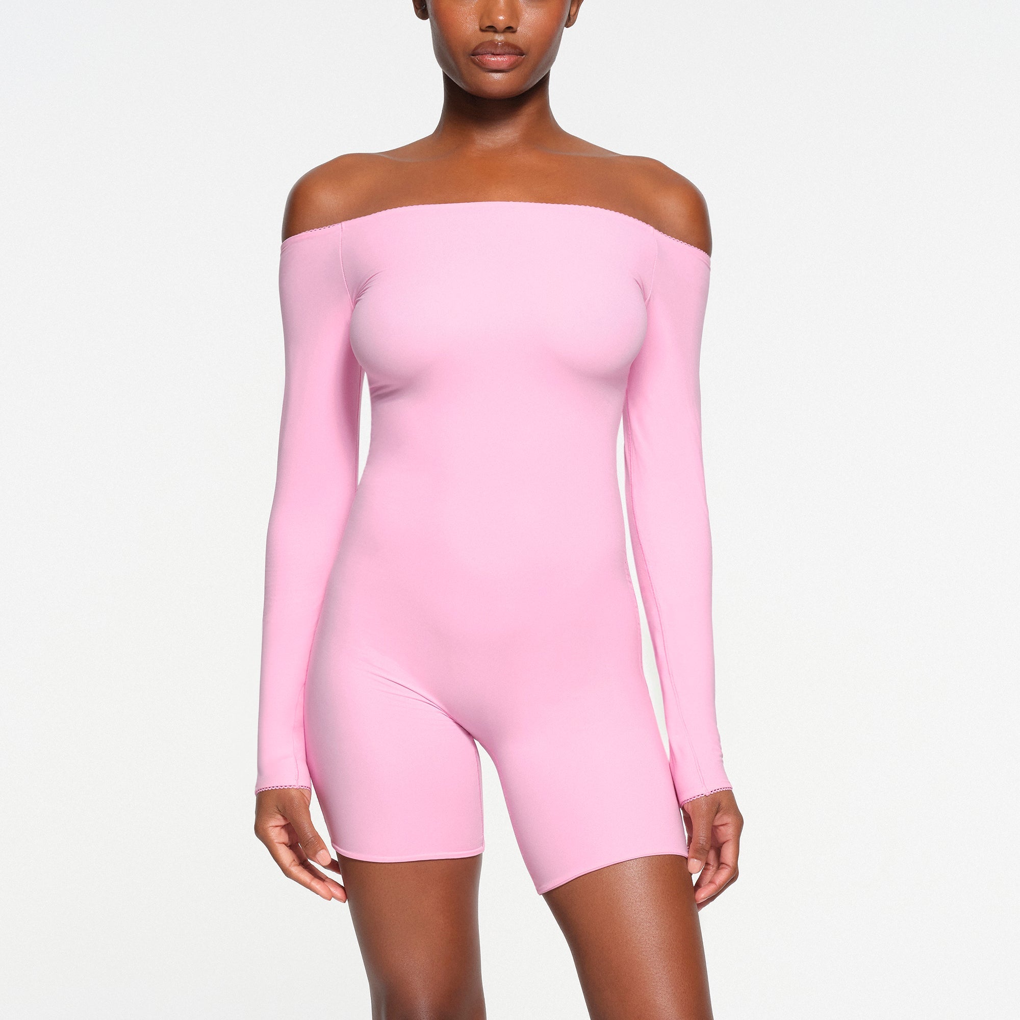 FITS EVERYBODY PICOT OFF THE SHOULDER ONESIE | BUBBLE GUM