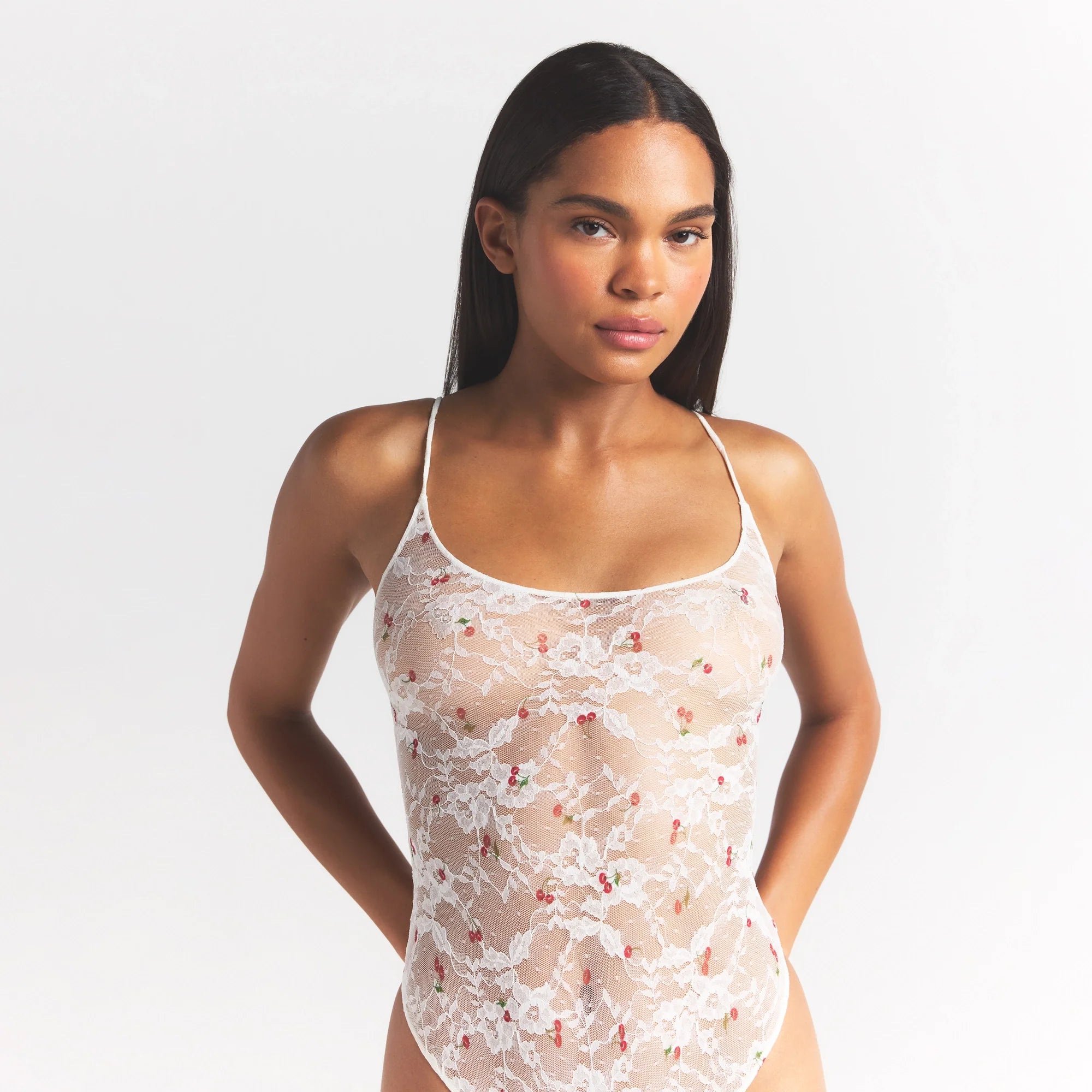 STRETCH LACE THONG BODYSUIT | IVORY CHERRY PRINT