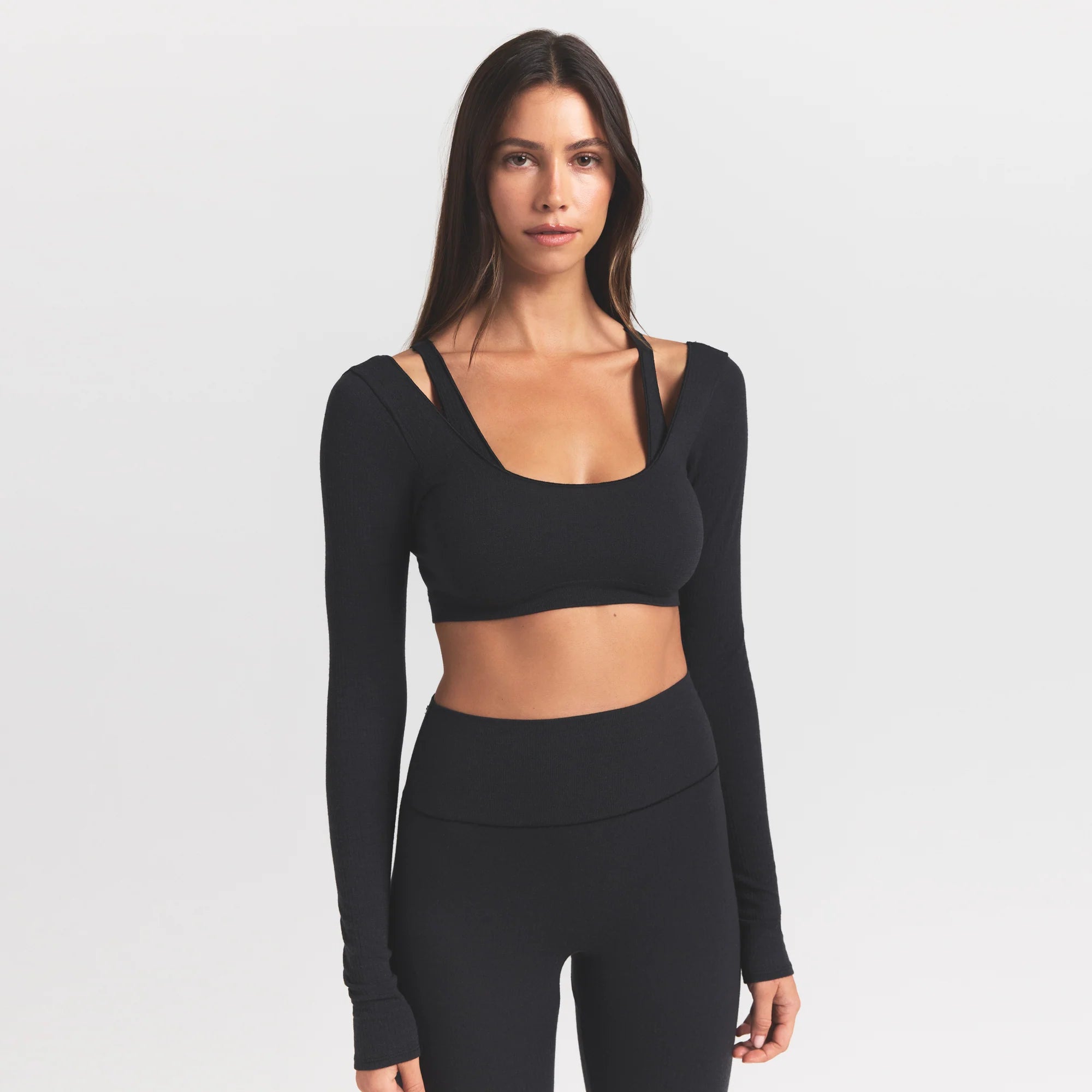 WOOL RIB LONG SLEEVE CROPPED TOP | OBSIDIAN