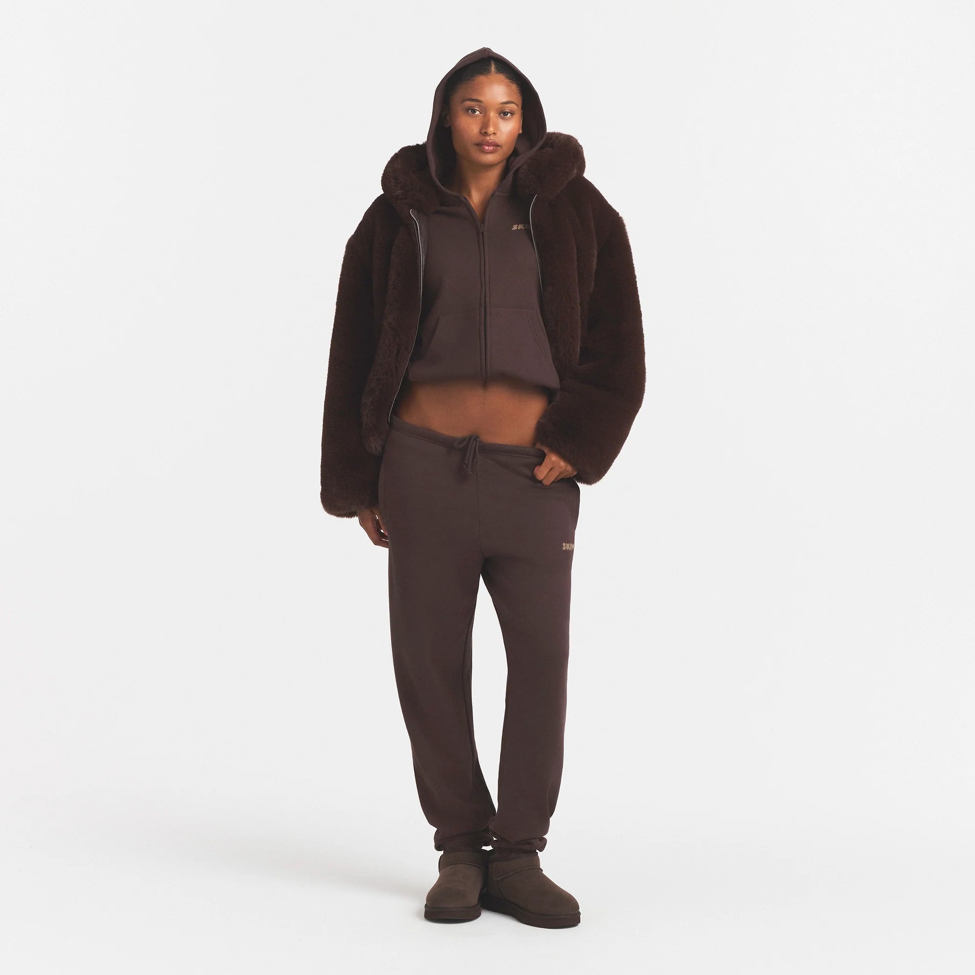FAUX FUR HOODED ZIP UP JACKET | COCOA