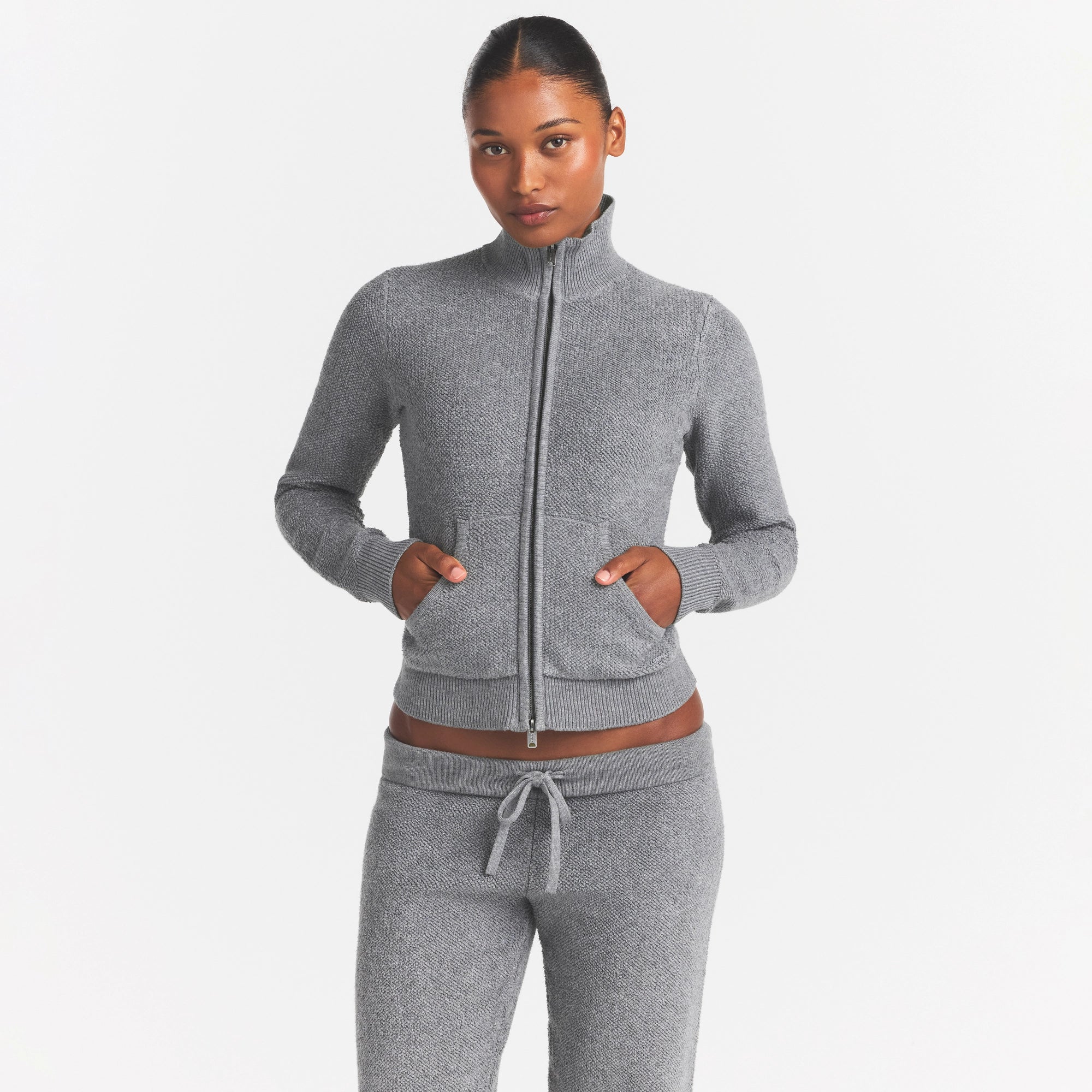 TEXTURED KNIT SHERPA ZIP UP | DARK HEATHER GREY