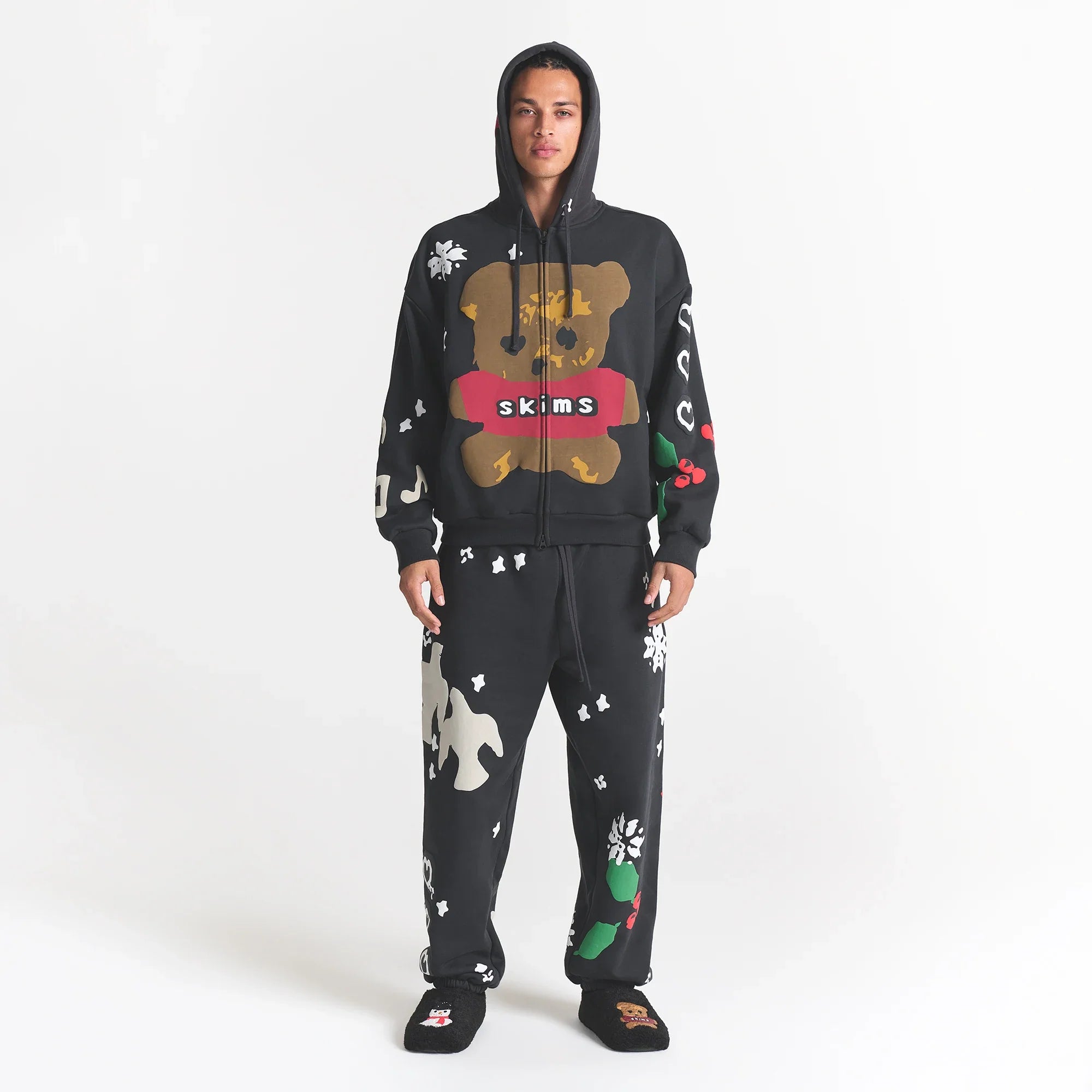 CACTUS PLANT FLEA MARKET X SKIMS HEAVYWEIGHT FLEECE MENS RELAXED ZIP UP HOODIE | ONYX TEDDY BEAR PRINT