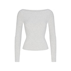 COTTON JERSEY LONG SLEEVE BOATNECK TOP | LIGHT HEATHER GREY