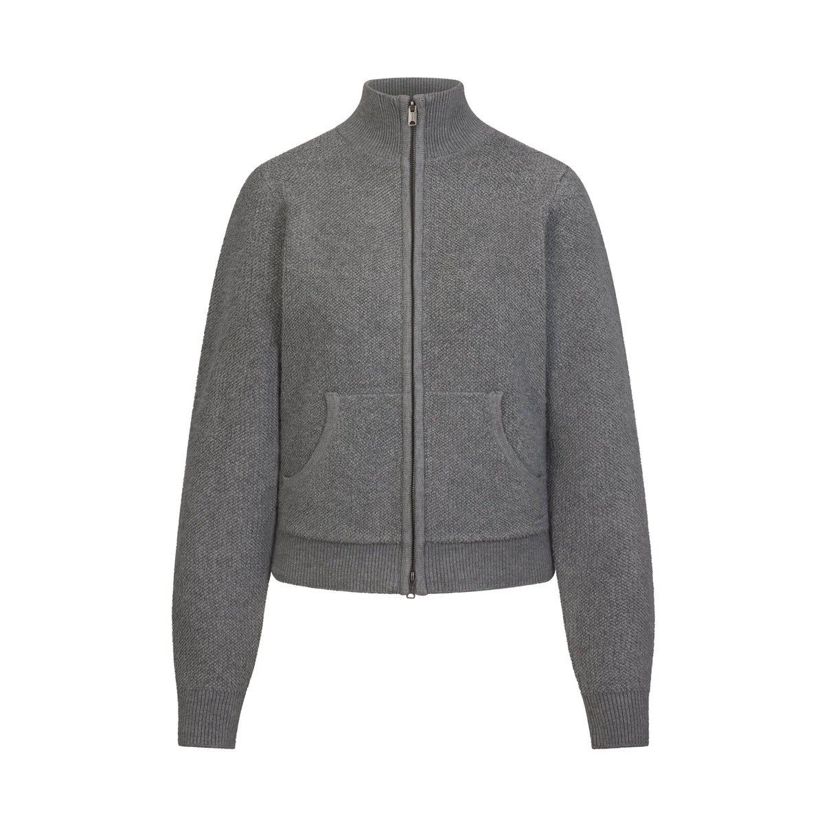 TEXTURED KNIT SHERPA ZIP UP | DARK HEATHER GREY
