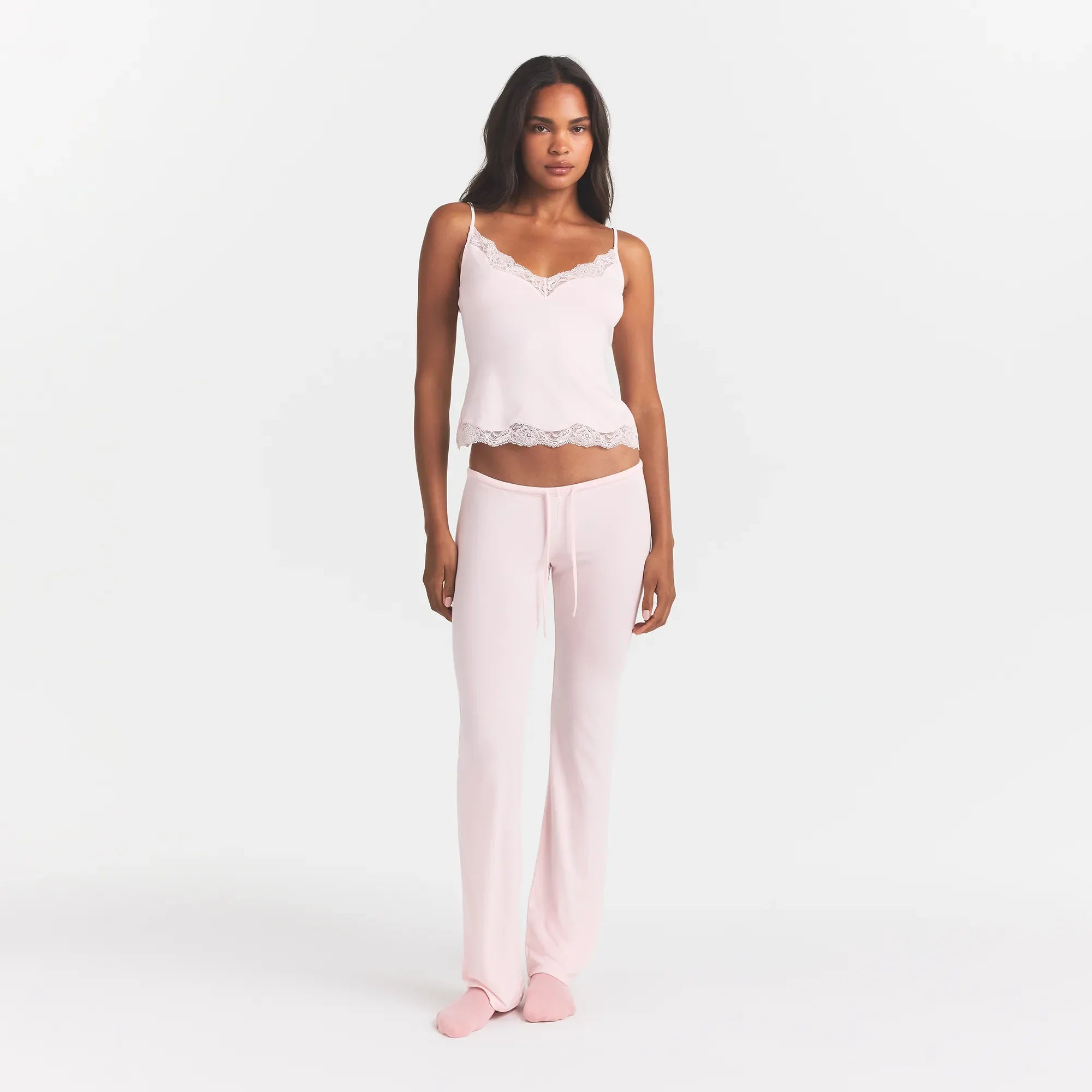 SKIMS SLEEP LACE CAMI AND PANT SLEEP SET | BARELY PINK