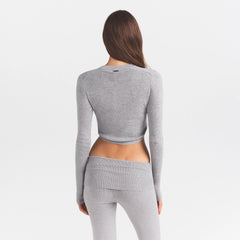 ESSENTIAL KNIT ROUNDED CROPPED CARDIGAN | MID HEATHER GREY