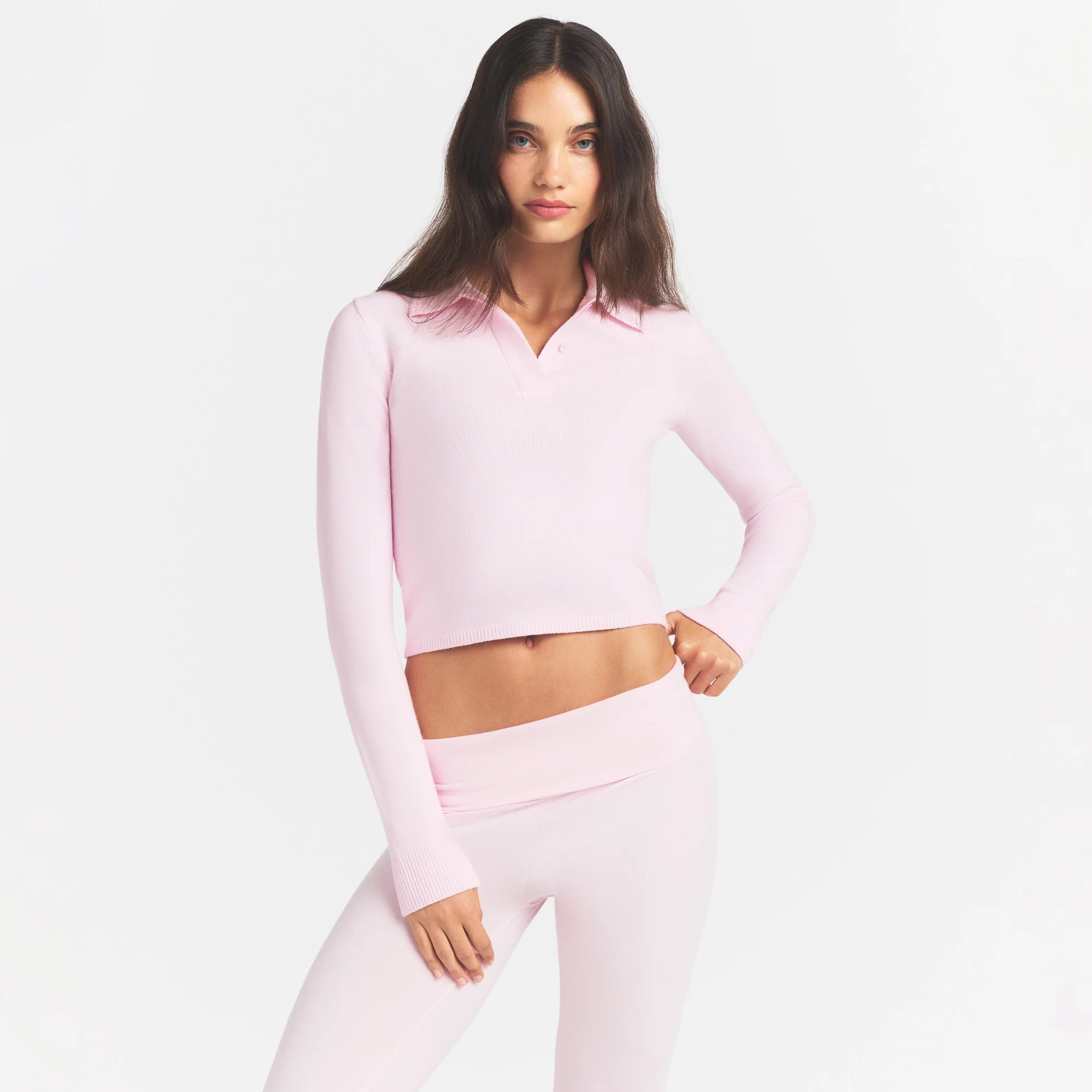 SWEATER KNIT LONG SLEEVE CROPPED POLO | CHERRY BLOSSOM