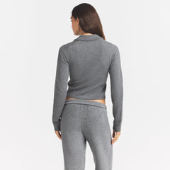 SWEATER KNIT LONG SLEEVE CROPPED POLO | DARK HEATHER GREY
