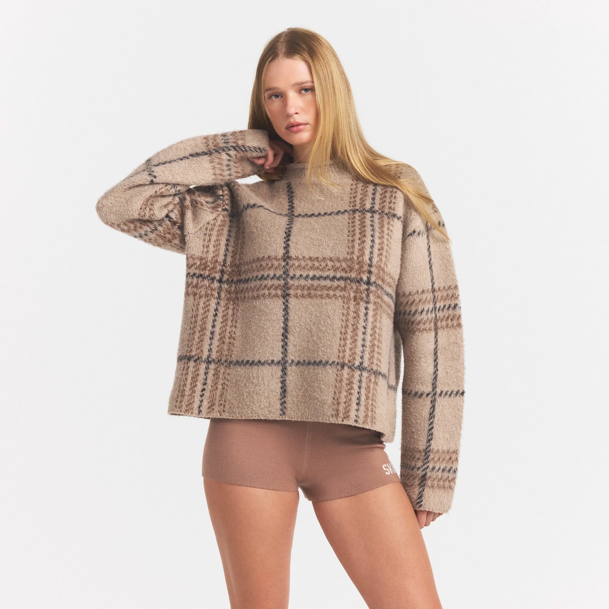 TEXTURED KNIT BRUSHED BOXY PULLOVER | NEUTRALS BIG HOLLY PLAID