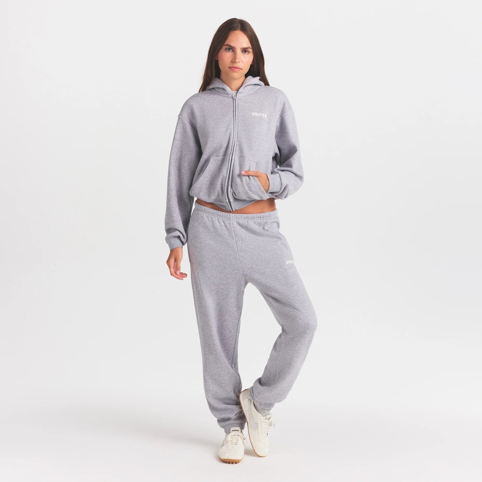 COTTON FLEECE ZIP UP HOODIE WITH EMBOSSED LOGO | HEATHER GREY